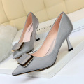 2020 new arrivals  verified supplier large size 43 heel cup metal button satin fabric high heels pump shoes women dress